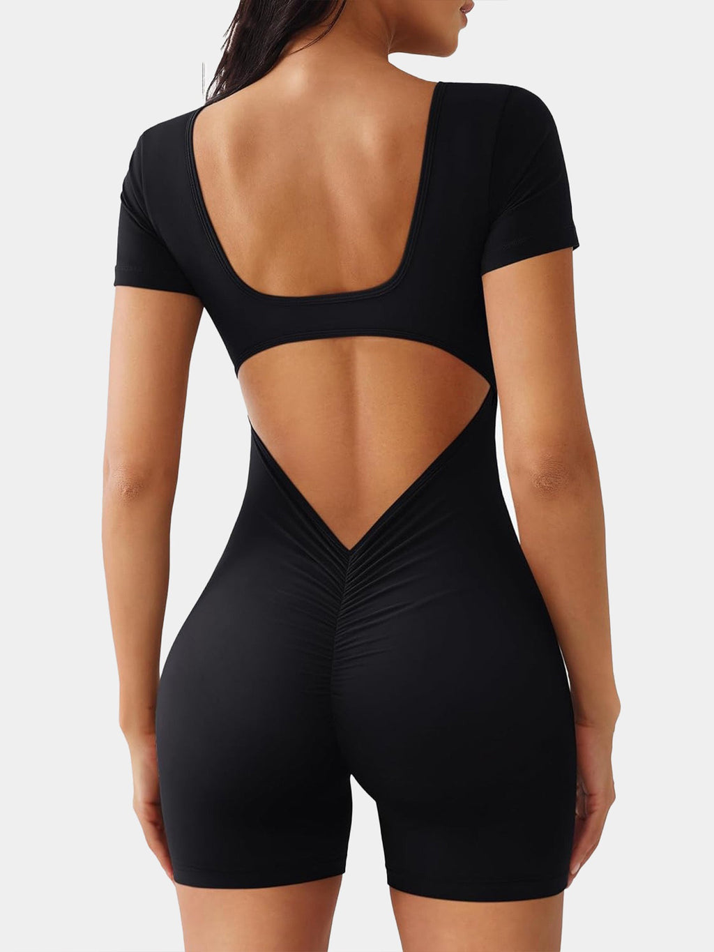 Women's Square Neck Short Sleeve Jumpsuit - Open Back & Tummy Control