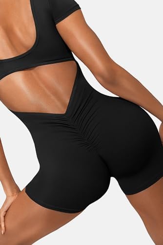 Women's Square Neck Short Sleeve Jumpsuit - Open Back & Tummy Control