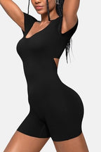 Women's Square Neck Short Sleeve Jumpsuit - Open Back & Tummy Control