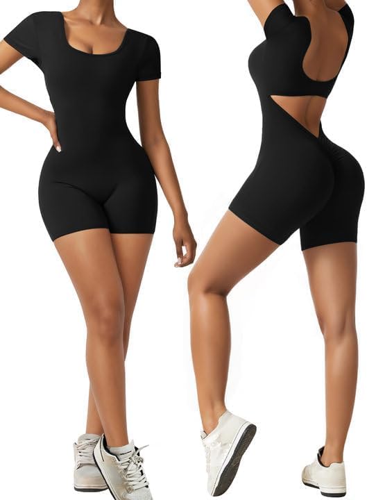 Women's Square Neck Short Sleeve Jumpsuit - Open Back & Tummy Control