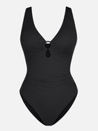 Deep V Metal Ring Ruched Sculpting Swimsuit