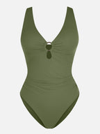 Deep V Metal Ring Ruched Sculpting Swimsuit