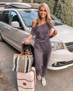 Off-Shoulder Short Sleeve Beam Foot Jumpsuit
