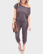 Off-Shoulder Short Sleeve Beam Foot Jumpsuit