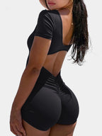 Women's Square Neck Short Sleeve Jumpsuit - Open Back & Tummy Control